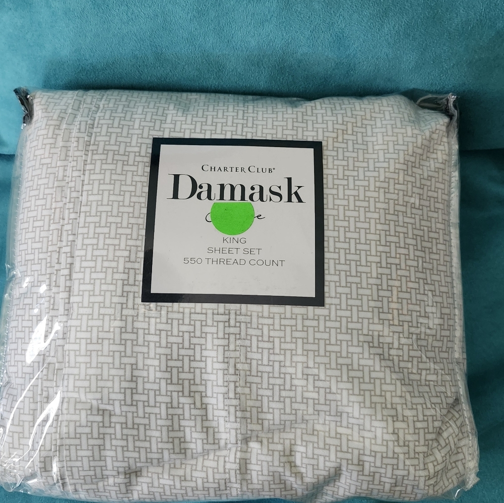 Charter Club Damask Designs Woven Block 550 Thread Count Cotton KING Sheet Set